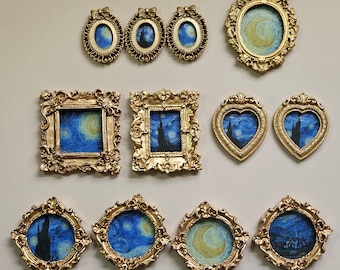 Mini Master Art | Tiny Framed Painting Print | Mini Famous Painting | Starry Night | Van Gogh Art | Dollhouse Minis
