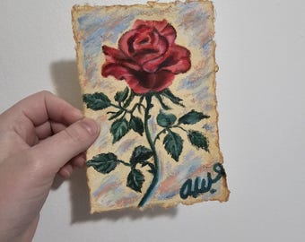 Original Oil Pastel Rose Drawing | Vintage Style Drawing | Gift for Art Lovers