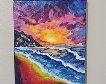Rainbow Sunset Beach Painting | Original Acrylic Canvas Art (8x10)