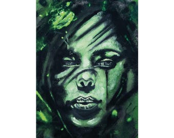 May include: A green and black portrait painting of a person's face. The artwork features a woman's face with green skin and dark hair. The painting has a dark, moody atmosphere with streaks of green and black paint.