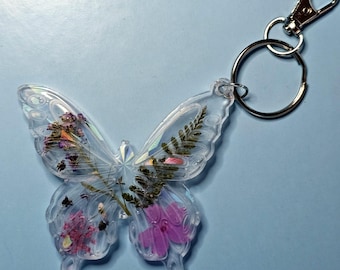 Pressed Flower Keychain | Resin Floral Butterfly | Holographic Keychain | Butterfly Bag Accessory | Gift For Women | Nature Lover Gift