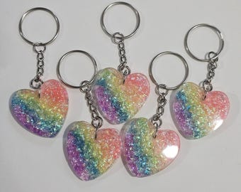 Rainbow Glitter Heart Keychain, Handmade UV Resin Keyring