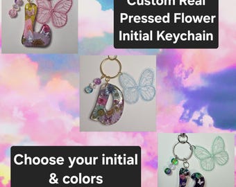 Custom Initial Keychain | Real Pressed Flower Initial Bag Charm | Custom Pressed Flower Keychain | Personalized Gift