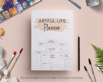 May include: A printable planner for artists, featuring a daily planner, a 30-day challenge, and sections for color palettes, composition play, and art series ideas. The planner is titled "Artful Life Planner" and is available in A4, US Letter, and A5 sizes.