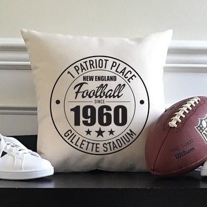 New England Patriots Football Natural Canvas Pillow or Pillow Cover | Gillette Stadium Address | Patriots Fan Gift | Man Cave | Home Decor