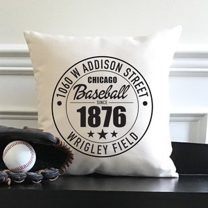 Chicago Cubs Baseball Natural Canvas Pillow or Pillow Cover | Wrigley Field Address | Cubs Fan Gift | Man Cave | Home Decor