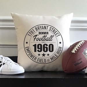 Denver Broncos Football Natural Canvas Pillow or Pillow Cover | Empower Field at Mile High Address | Broncos Fan Gift | Man Cave