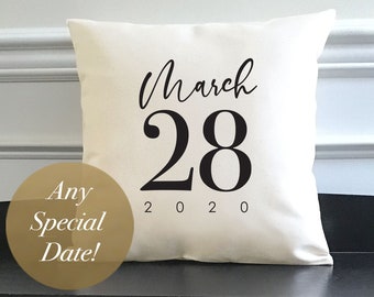 Custom Date Natural Canvas Pillow or Pillow Cover - Home Decor - Wedding Anniversary Birthday Gift