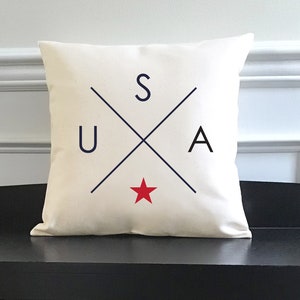 Patriotic USA Fourth of July Natural Canvas Pillow or Pillow Cover - Home Decor - Holiday Gift - Farmhouse Pillow