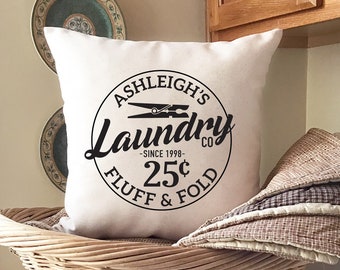 Personalized Laundry Room Pillow: Natural Canvas Farmhouse Decor
