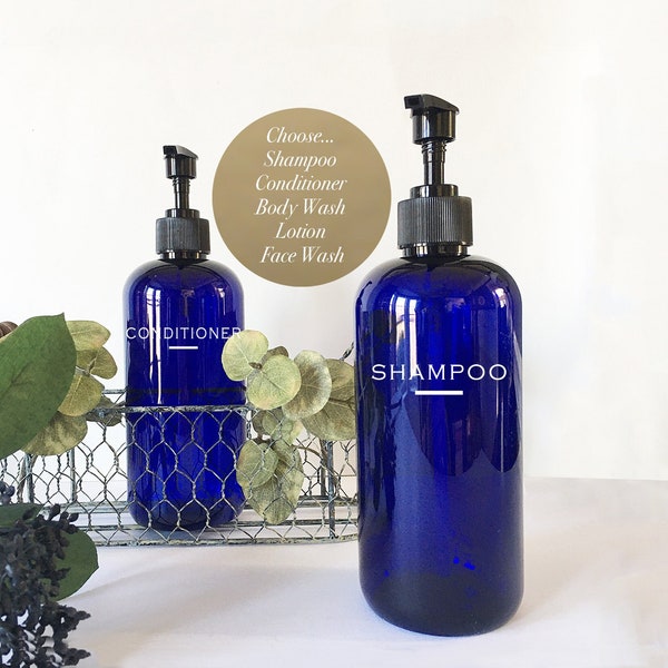 16 ounce Cobalt Blue Shampoo or Conditioner Refillable Pump Top Plastic Bottle Dispenser | Modern Bathroom Decor | Farmhouse | Industrial