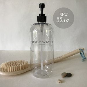 Body Wash, Lotion, Face Wash, Hand Soap, or Dish Soap 32 oz Refillable Clear Pump Top Plastic Bottle Dispenser | Modern Decor | Farmhouse