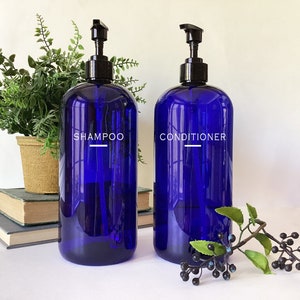 Shampoo or Conditioner 32 ounce Cobalt Blue Plastic Bottle Pump Top Dispenser  | Modern Bathroom Decor | Farmhouse | Urban | Industrial