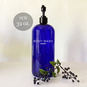 32 ounce Body Wash, Lotion, Face Wash, Hand Soap, Dish Soap Refillable Cobalt Blue Pump Top Plastic Bottle Dispenser |Modern Bathroom Decor