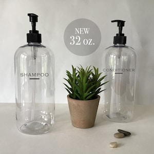 Shampoo or Conditioner 32 ounce Refillable Clear Pump Top Plastic Bottle Dispenser | Modern Bathroom Decor | Farmhouse | Urban | Industrial