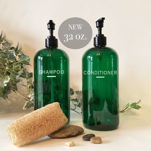 Shampoo or Conditioner 32 ounce Green Plastic Bottle Pump Top Dispenser  | Modern Bathroom Decor | Farmhouse | Urban | Industrial