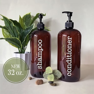 Shampoo or Conditioner 32 ounce Refillable Amber Pump Top Plastic Bottle Dispenser | Modern Bathroom Decor | Farmhouse | Urban | Industrial