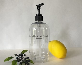 Body Wash, Lotion, Face Wash, Hand Soap, or Dish Soap 16 oz Refillable Clear Pump Top Plastic Bottle Dispenser | Modern Decor | Farmhouse