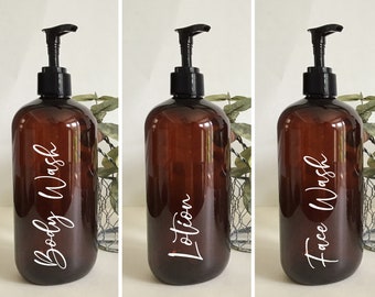 Body Wash, Lotion, or Face Wash 16 ounce Refillable Amber Pump Top Plastic Bottle Dispenser | Modern Bathroom Decor | Farmhouse | Urban