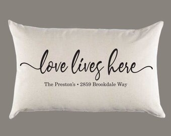 Personalized Custom 'Love lives here' Name Address Natural Canvas Pillow or Pillow Cover - Throw Pillow - Home Decor -Gift - Farmhouse Decor