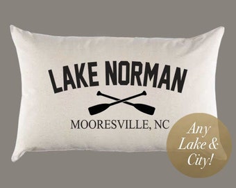 Lake Pillow Personalized Custom Lake Name with Oars Natural Canvas Pillow or Pillow Cover - Throw Pillow - Home Decor - Gift