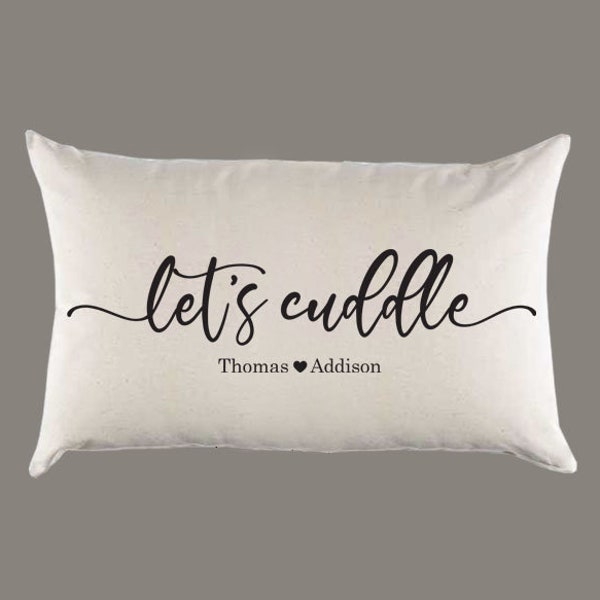 Personalized Custom 'Let's Cuddle' Natural Canvas Pillow or Pillow Cover - Throw Pillow - Couple Wedding Anniversary Gift
