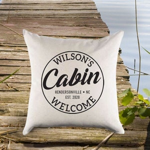 Personalized Custom 'Cabin' Name Established Natural Canvas Pillow or Pillow Cover Home Decor Mountain Home Cabin Housewarming Gift