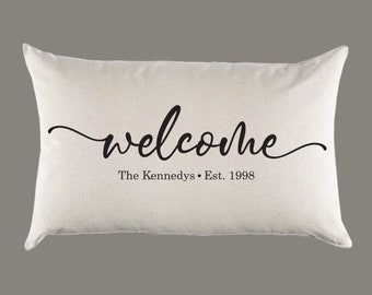 Personalized Custom 'Welcome' Name Est. Year Natural Canvas Pillow or Pillow Cover - Throw Pillow - Home Decor -Gift - Farmhouse Decor