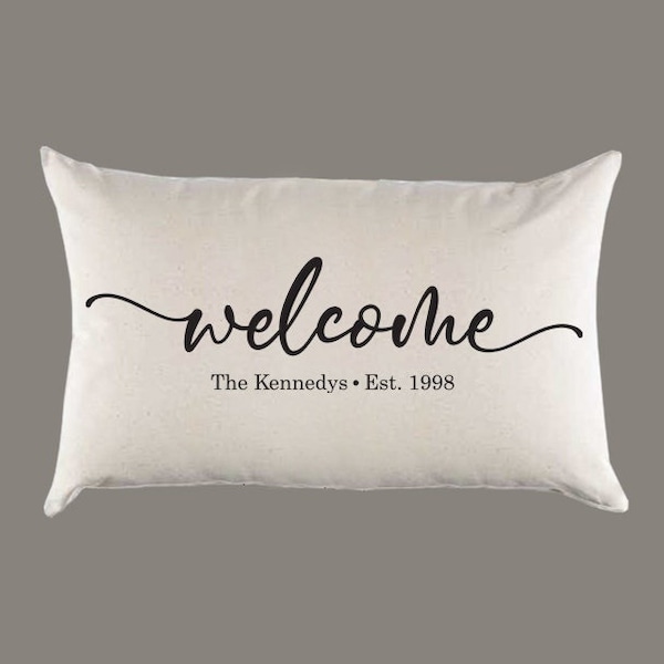 Personalized Custom 'Welcome' Name Est. Year Natural Canvas Pillow or Pillow Cover - Throw Pillow - Home Decor -Gift - Farmhouse Decor