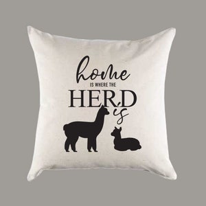 Alpaca Pillow Natural Canvas 'Home Is Where the Herd Is' Alpaca Pillow or Pillow Cover - Throw Pillow - Home Decor -Gift - Farmhouse Decor