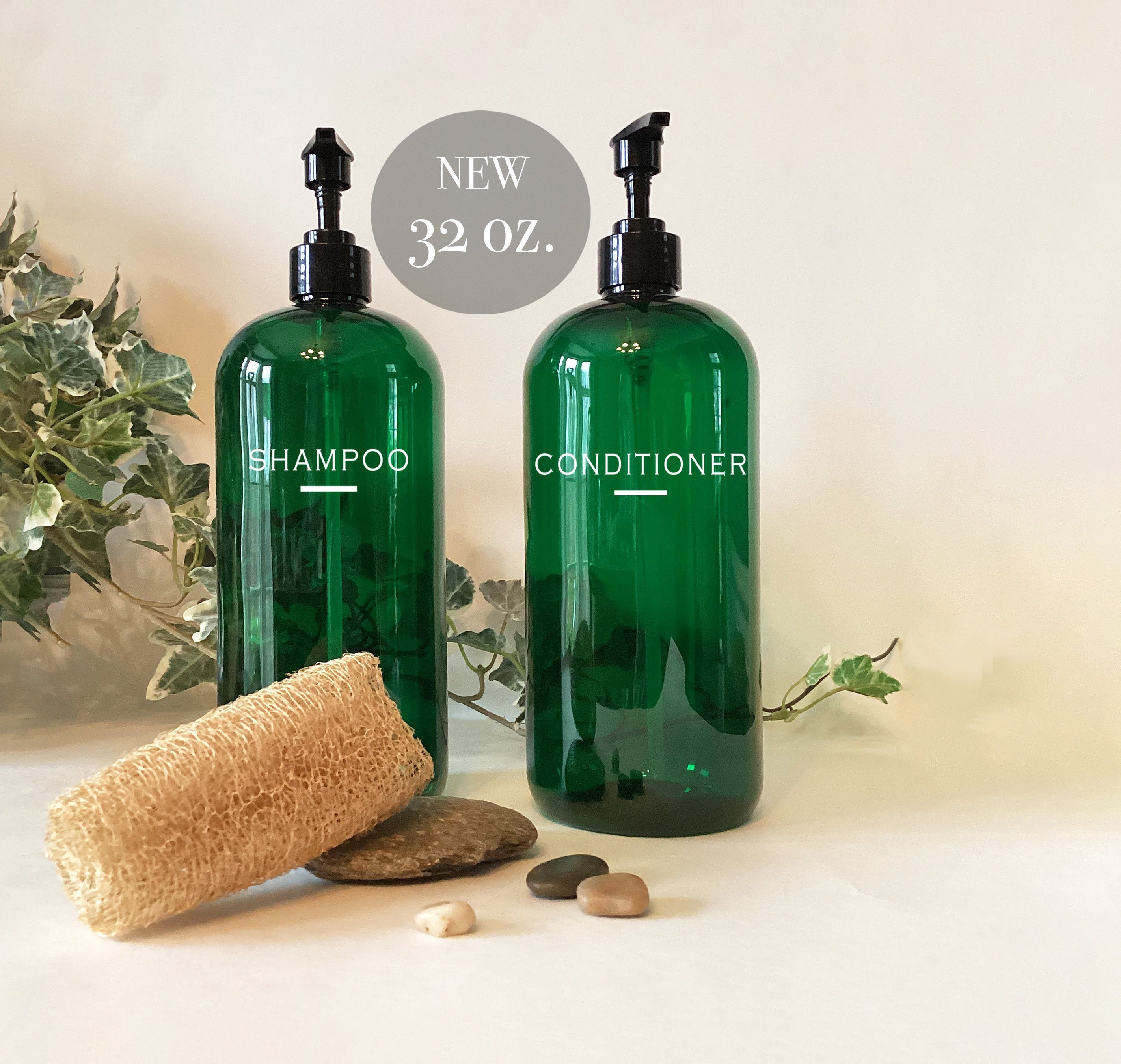 Shampoo or Conditioner 32 ounce Green Plastic Bottle Pump Top Dispenser  | Modern Bathroom Decor | Farmhouse | Urban | Industrial
