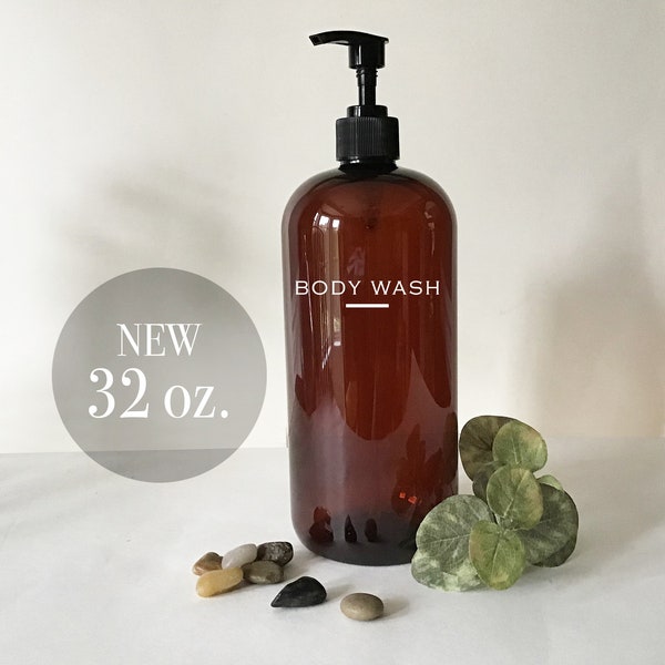 Body Wash 32 ounce Refillable Amber Pump Top Plastic Bottle Dispenser | Modern Bathroom Decor | Farmhouse | Urban | Industrial