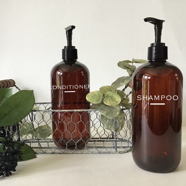 16 ounce Amber Shampoo or Conditioner Refillable Pump Top Plastic Bottle Dispenser | Modern Bathroom Decor | Farmhouse | Urban | Industrial