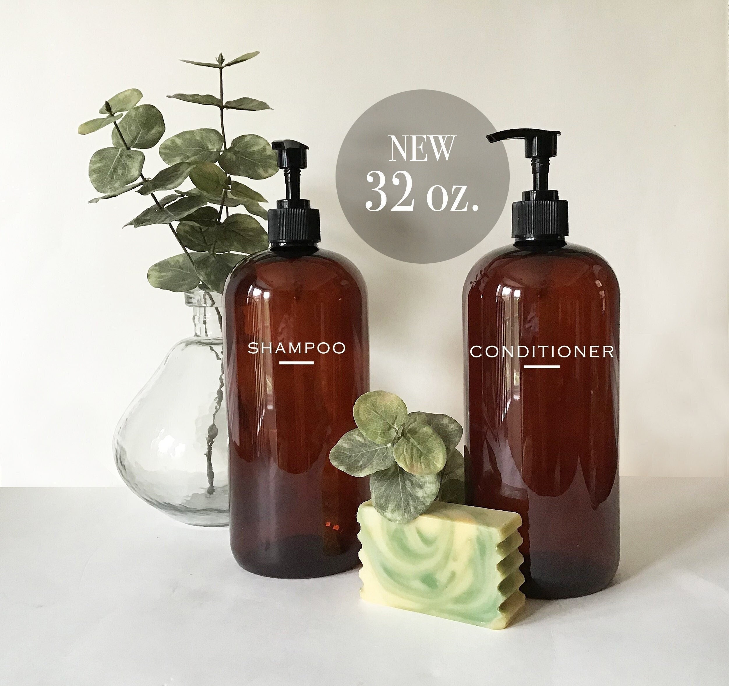 Shampoo or Conditioner 32 ounce Amber Plastic Bottle Pump Top Dispenser  | Modern Bathroom Decor | Farmhouse | Urban | Industrial