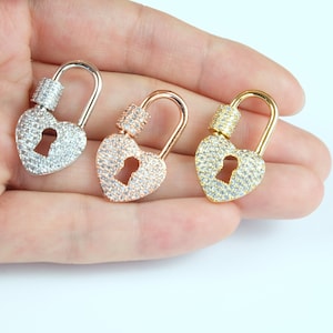 28x16mm Micro Pave Carabiner Clasp, Heart Lock with Screw Clasp