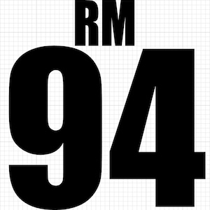 May include: A black graphic design featuring the letters RM positioned above the large number 94. The design is presented in a bold, sans-serif font against a white background that is overlaid with a subtle, thin gray grid pattern throughout.