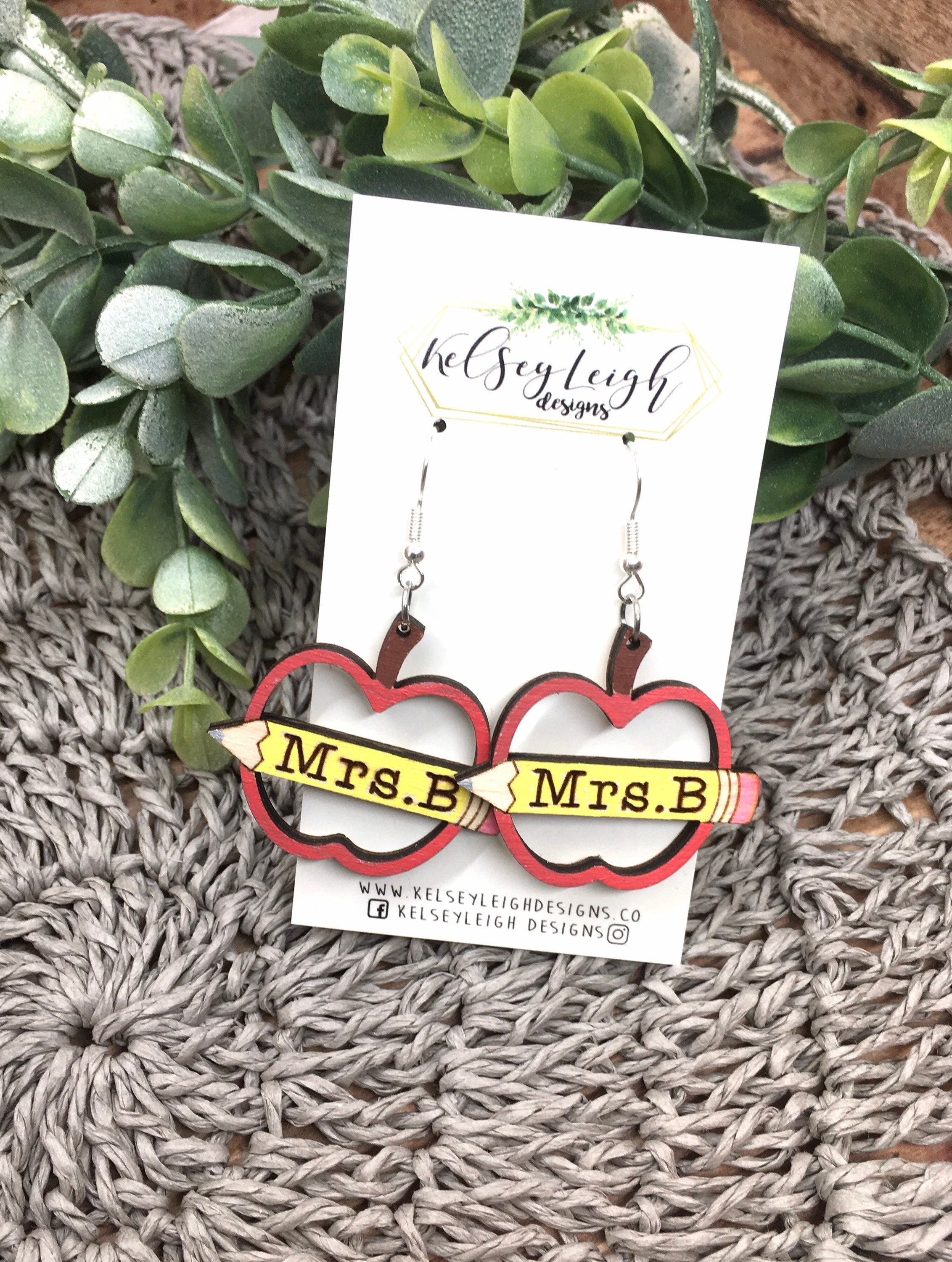 Teacher Earrings Personalized Gift Wood Earring Set Laser Cut Etsy