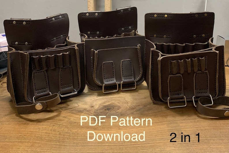 May include: Three brown leather tool bags with multiple pockets and buckles. The bags are arranged in a row on a wooden surface. The text "PDF Pattern Download 2 in 1" is visible below the bags.