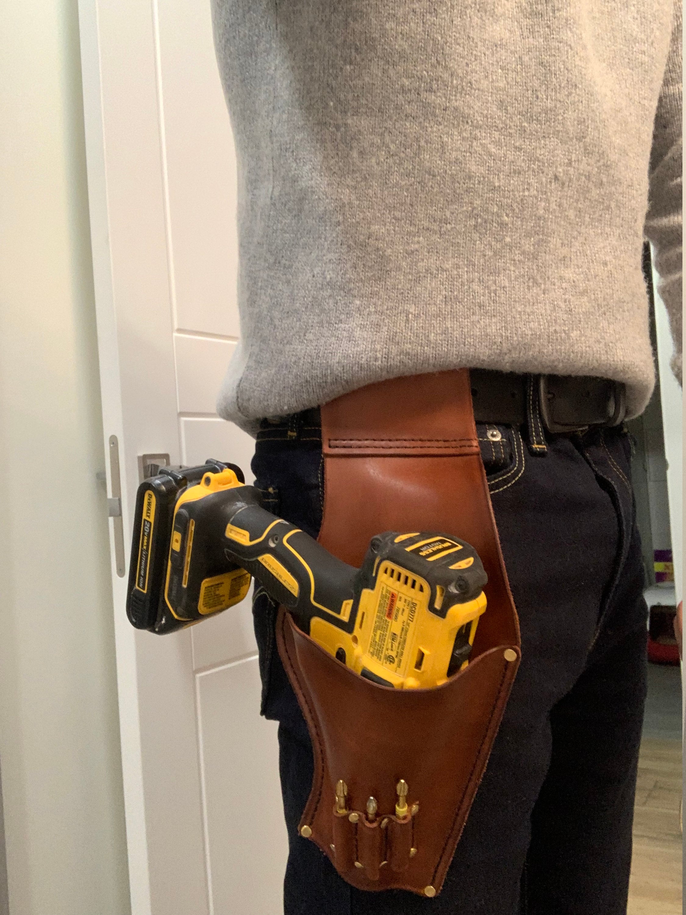 Mechtools Leather Drill Holster – Full-Grain Leather Cordless Drill Holder, Fits 3/8" Drive Drills, Belt-Mounted With 2 Pockets