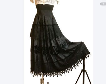 Vintage Size S-M Black Pleated Skirt with Lace German Skirt by Helene Straber