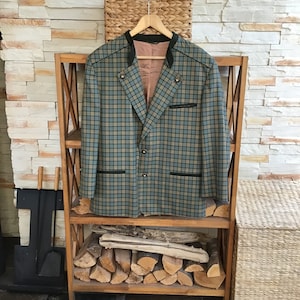 Vintage Men’s Size L-XL Pastel Green & Brown Checkered Austrian Blazer Pure Wool Original Tiroler Loden