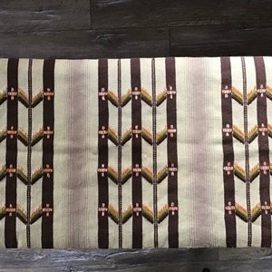 May include: A woven throw blanket with a geometric pattern in shades of brown, beige, and green. The blanket has a striped design with a repeating pattern of small triangles.