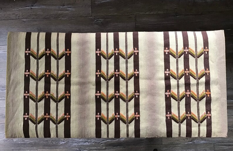 May include: A woven throw blanket with a geometric pattern in shades of brown, beige, and green. The blanket has a striped design with a repeating pattern of small triangles.