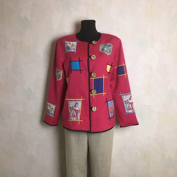 taille vintage L-XL Fuchsia Color Loose Indian Jacket Cotton & Linen Blend Loden Summer Jacket