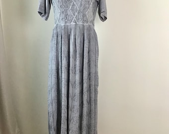 Vintage Taille S-M Gris Robe Brodée Été Viscose Robe Indienne MIDI