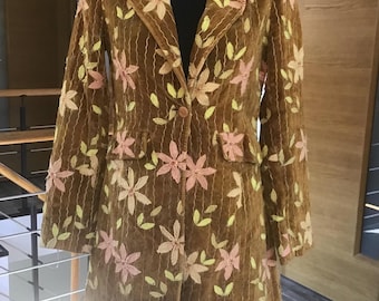 Vintage Women’s Size M Velvet Embroidered Jacket Yellow Mustard Color Embroidered Floral Applique Spanish Coat