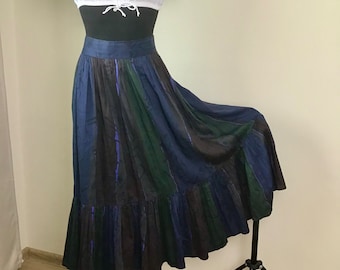 Vintage Size S Cotton Italian Skirt Blue- Brown- Green Abstract Print Hippie Style