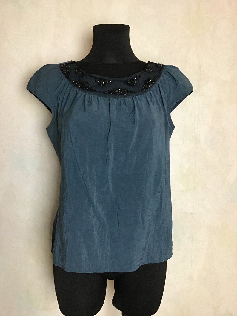 Vintage Women\u2019s Size M Dark Turquoise Blouse Short Sleeve Evening Blouse