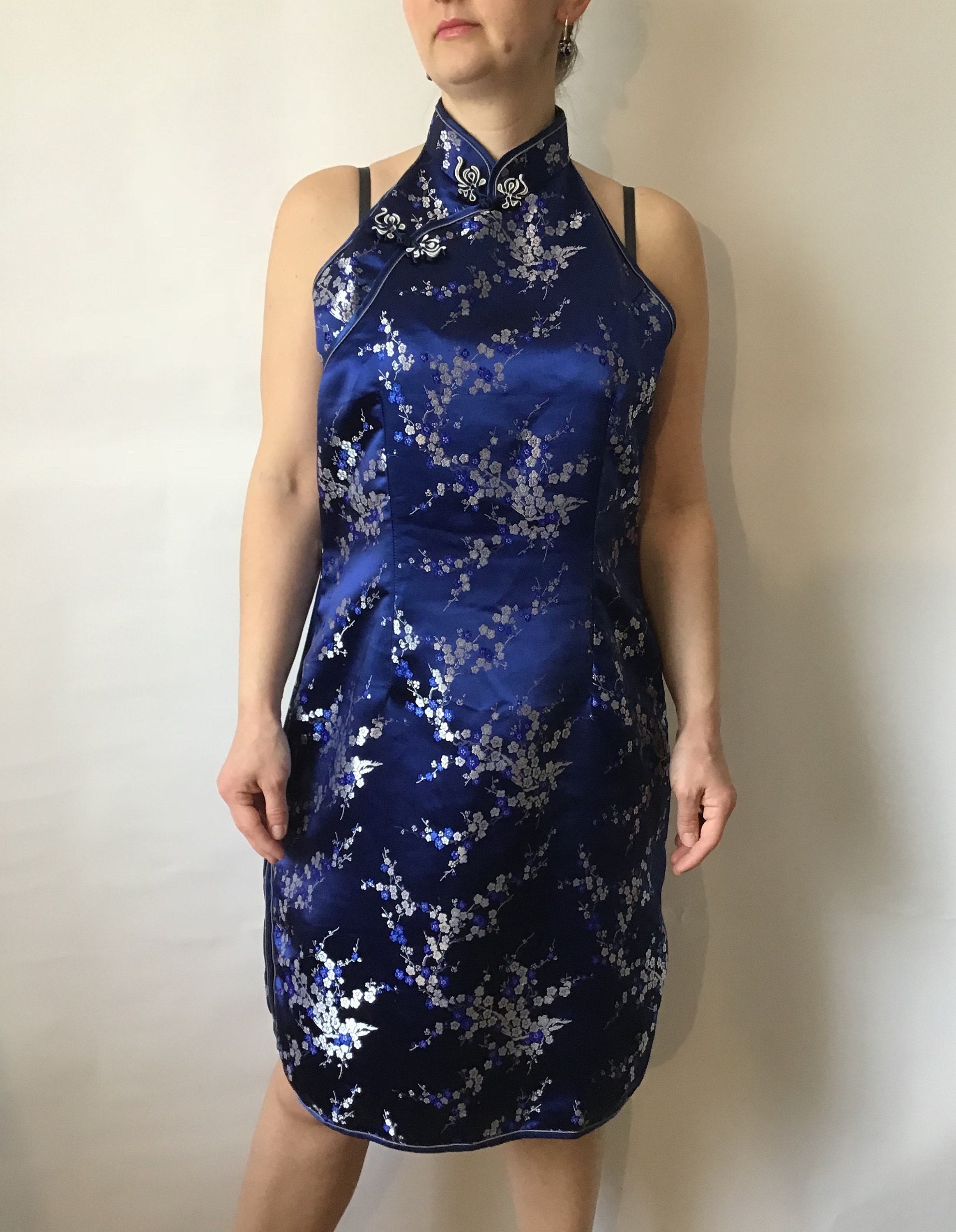 Vintage 90s Chinese Dress Navy Blue Size M-L Asian Dress - Etsy