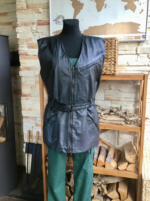 Vintage Damen Größe L- XL Lange Lederweste mit Gürtel Schwarze